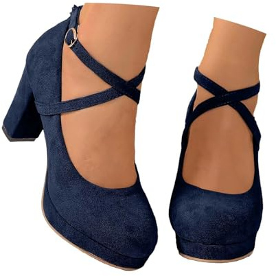 Women's Mary Jane Heels, Closed Toe Block Mid High Court Shoes, Crisscross Ankle Strap Platform Comfort Pumps for Formal Smart Work Party Footwear