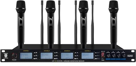 PRORECK UK-4000 4 Channel Wireless Microphone System with Four Handheld Microphone with LCD Display for Party/Wedding/Church/Conference/Speech, 400 Selectable Frequencies