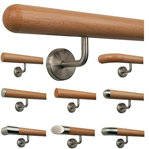 TIBU Buche Geländer Handlauf Treppe Holz Griff gew. Edelstahlhalter, Länge 30 - 500 cm aus einem Stück / Variante:60 cm mit 2 Halter Halbkugel gefräst