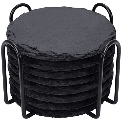 Portavasos De Pizarra con Soporte Metálico - Set GOH DODD De 8 Unidades - Redondos 4 Pulgadas - Protección Y Decoración para Mesas - Regalo Ideal