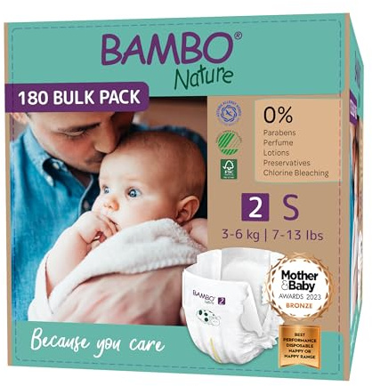 Bambo Nature Pannolini per bambini Taglia 2 (3-6kg) 180 pz. Scatola mensile | Pannolini premium con una migliore protezione dalle perdite | Massimo comfort per i neonati | Dermatologicamente testati