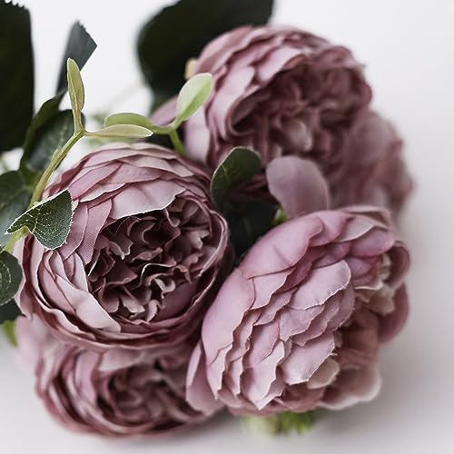 The Baked Studio - Silk Peony and Tea Rose Artificial Bouquet 9 Heads Realistic Fake Plant for DIY Craft Cake Living Room Home Wedding Decoration (Violet)