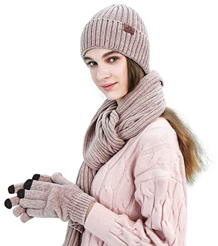 LumiSyne Winter 3 In 1 Mütze Schal Handschuh Sets Für Herren Damen Exquisite Jacquard Einfarbig Schal Beanie Strickmütze Touchscreen Handschuhe Fortschrittlicher Weicher Chenille Stoff