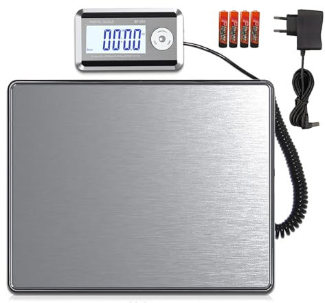 Nilpferd Paketwaage bis 200kg/50g Plattformwaage Briefwaage mit Große Plattform L*B-38,8 * 30,8 cm aus Edelstahl,Externes Beleuchtetes LCD Display 4*AA-Batterien oder AC-Adapter (Silber1)