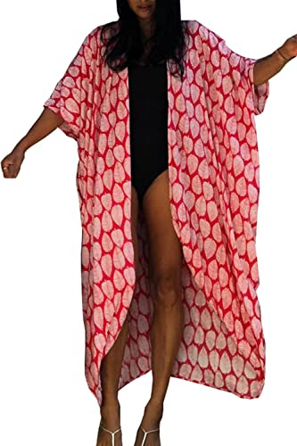 YouKD Dam bohemisk kaftan klänning maxi rock strand coverup cardigan en storlek, B Röd, en storlek