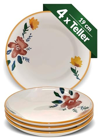 Lashuma Salatteller tief 19 cm Ø, Teller Pasta 4 Personen, Keramikteller bunt Blütenfest