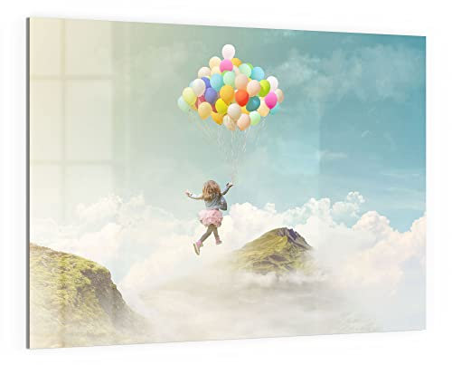 DEQORI Glas-Magnettafel | 120x90 cm groß | Motiv Mädchen an Luftballons | Memo-Board aus Glas | Magnetboard inkl. Magnete, Stift & Tuch für Küche & Büro | Tafel magnetisch & beschreibbar