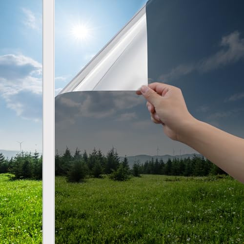 Haton Window Privacy Film One Way Window Tint for Home, Sun UV Blocking Heat Control Reflective Mirror Film, No Glue Static Cling See Out Not in Glass Door Covering, Black Silver, 17.5 x 78.7