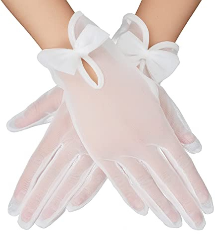 Yolev Short Lace Glove Short Sheer Gloves Women's Tulle Short Wedding Bridal Gloves Short Prom Evening Gloves for Dinner Tea Party White