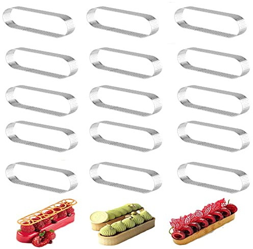 Smallterm 15 StüCke Ovale Tartelettformen, Perforierte Tortenformen für Backen, Edelstahl, Runder Formring für Torten, Mousse, Torten, Quiche