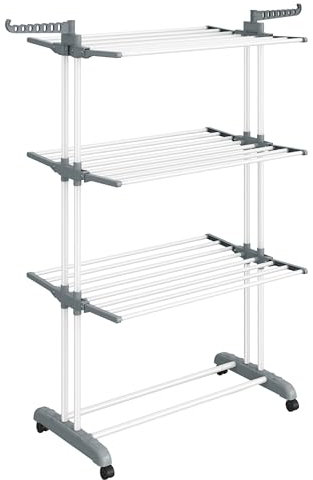 SONGMICS Étendoir à Linge, Séchoir Mobile à 4 Niveaux, avec roulettes, Pliable, 63,5 x 128 x 173 cm, Grande Capacité, Montage Facile, Utilisation Intérieure et Extérieure, Blanc LLR701W01