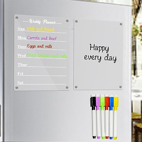 Acrylic Calendar for Fridge, Clear Magnetic Fridge Calendar Dry Erase, Set of 2 Planning Noteboard Memo Board, Weekly Meal Planner Magnetic Menu Board for Kitchen, Includes 6 Markers with 6 Colors