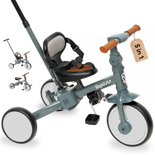 Triciclo Evolutivo 5 in 1 Interbaby | Triciclo Bambini con Maniglione da 1 a 5 Anni | Bicicletta Bambini e Bici Senza Pedali Trasformabile | Con o Senza Pedali | Regolabile e Adattabile (Grigio)