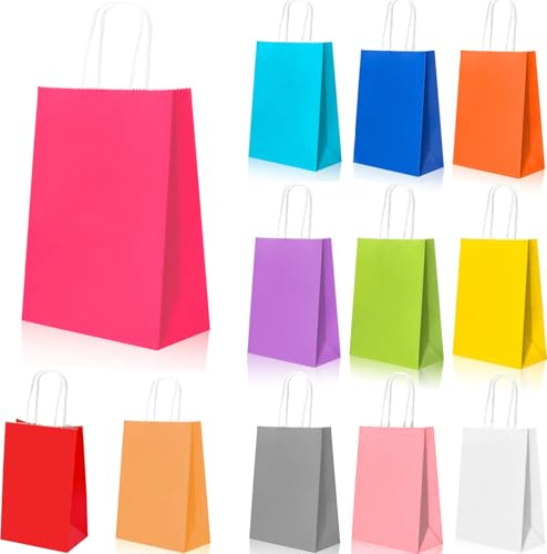 12 Stück Bunte Geschenktüten Papiertüten Bunt Geschenktüte Kraftpapiertüten mit Henkel Regenbogen-Geschenktüten aus Kraftpapier fur Kindergeburtstag,Hochzeiten,Verpackungen,Partys (12 Farben)