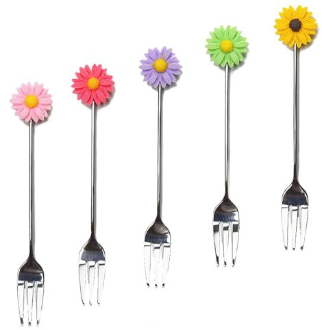 5 Stück Gänseblümchen-Fruchtgabel, Farbige Obstgabel aus Edelstahl, Edelstahl Obst Gabeln Zarten, Mini Dessertgabeln, Zubehör für Wohnungen, Restaurants, Hochzeiten, Bankette, Bars, Partys