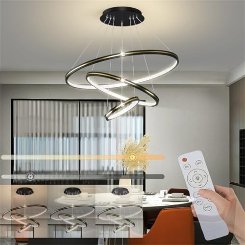 TZSMUM 3 Ring LED Dimmbar Hängelampe mit Fernbedienung Schwarz Kronleuchter Moderne Hängeleuchte Moderne Rund Pendelleuchte Esszimmer Wohnzimmerlampe Esstischlampe 2700K-6500K