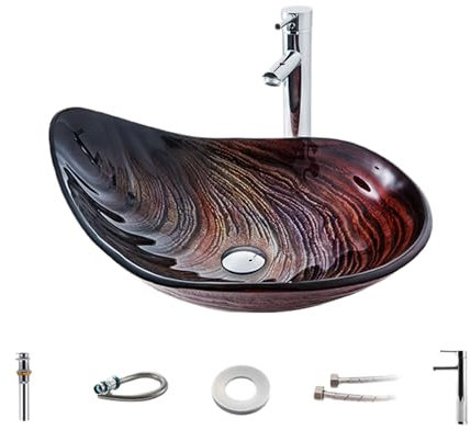GUYIRT Badezimmer Waschbecken Set Aufsatzwaschbecken Oval Glaswaschbecken Mit Wasserhahn Für Küche, Bad Und Gäste WC (A)