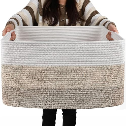Woven Cotton Rope Basket, Large Blanket Basket Washing Basket for Laundry, Toy Storage Organizer Basket, Collapsible Dirty Clothes Basket with Handles for Living Room, Nursery, Bedroom, 55x43x30cm