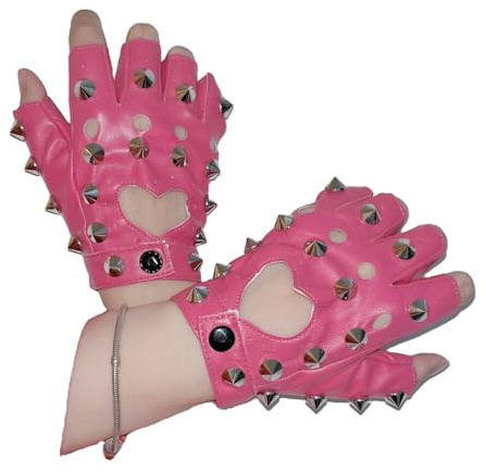 Fingerlose Handschuhe mit Herznieten aus PU-Kunstleder, Gothic-Cosplay-Kostüm, Punk-Halloween-Performance für Damen (pink, M)