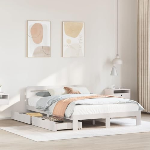 vidaXL King Size Bed Frame without Mattress - White Solid Pine Wood - 150x200 cm (LxW) - Modern Double Bed with Plywood Slats, Under-Bed Storage Drawers and Headboard