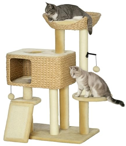 PawHut Kratzbaum 98 cm mit 2 Leigefläche, Höhle für Katzen bis 6 kg Beige | Katzenturm, Spielball, Sisalstämme, Mehrstöckiger Katzenkratzbaum, Kletterbaum