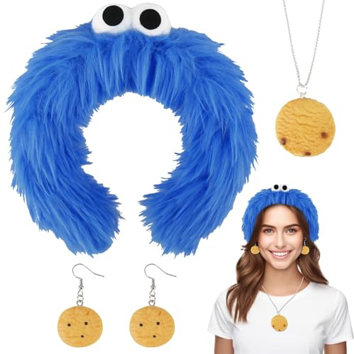 Heartsking Krümelmonster Kostüm Damen, Krümelmonster Haarreif+Cookie Halskette+Cookie Ohrring Krümelmonster Accessories, Krümelmonster Kostüm für Karneval Motto Party Keks-Liebhaber