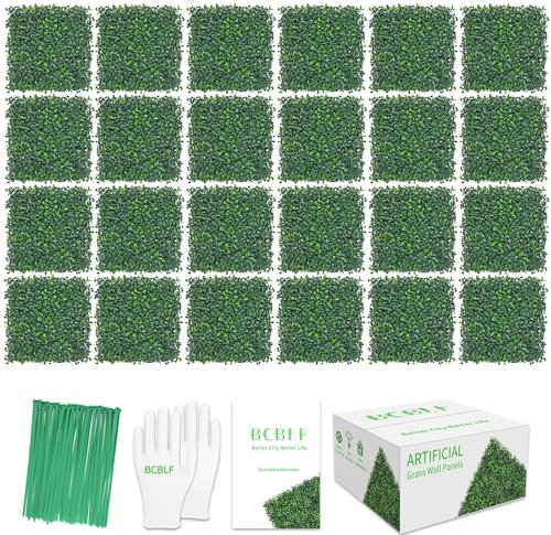 BCBLF 10x10 24Pcs Artificial Boxwood Hedge Panels UV Resistant Faux Greenery Wall Green Grass Wall Backdrop for Indoor Outdoor Decor Garden Patio