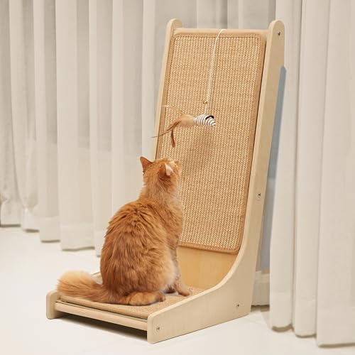 PETKARAY 105° Katzenkratzbrett, Sisal-Kratzmatte für Kätzchen, L-förmiges Kratzbrett für Hauskatzen, bodenmontierter Kratzbaum mit Mausspielzeug und Katzenminze
