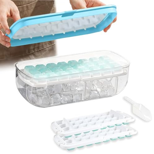 Ice Cube Tray with Lid and Storage - Ice Tray for Freezer & 2 Trays Reusable BPA Free Easy Press Release All 48 Ice Cube Moulds +Ice Bucket & Scoop | Kitchen Fridge Accessories Gift (Blue)