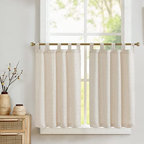 TOPICK Scheibengardinen Küche 2er Set 90Hx 70B cm Beige Bistrogardine mit Schlaufen Modern Gardinen Kurz Blickdicht Leinenoptik Küchengardinen für Kleine Fenster Wohnmobil Küchenfenster