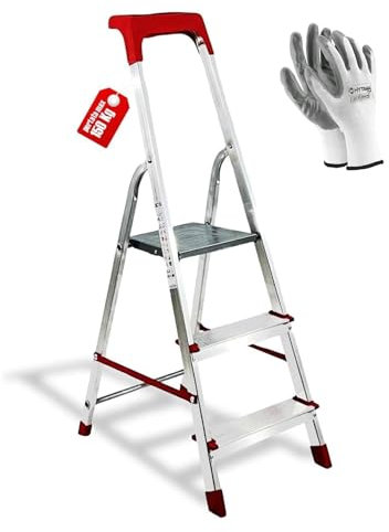 Hytama Scala Domestica in Alluminio Martina Leggera Portatile Scaletto con Vaschetta Portaoggetti Pieghevole Robusta Salvaspazio portata 150 kg made in Italy certificata + Guanti Omaggio (3 Gradini)