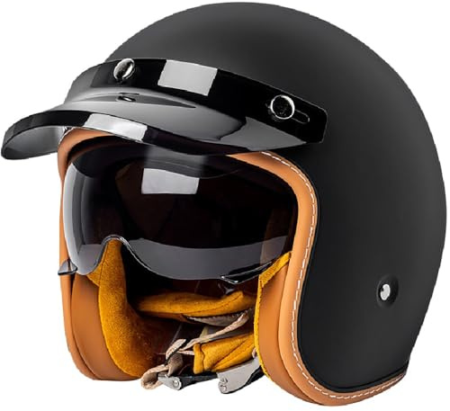 Vintage Motorrad Jet Helm mit Visier, ECE/DOT genehmigt Crash Jet Helm, Motorrad Open Face Helm, für Männer Frauen Road Legal, Retro 3/4 Open Face Design