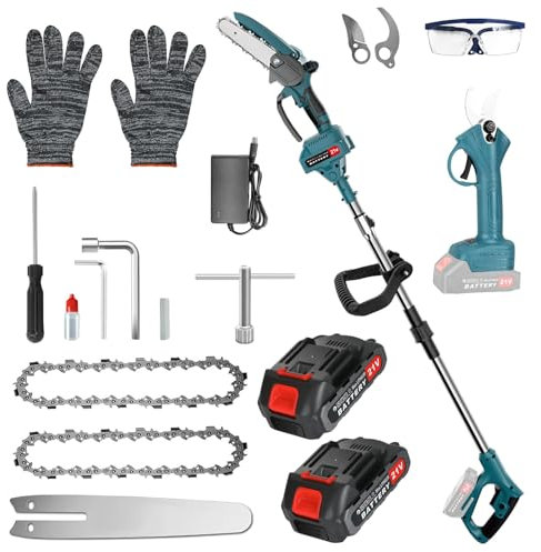 BIAOQINBO Hochentaster Akku Elektrisch, 6 Zoll Mini Kettensäge und Akku Astschere mit Verlängerungsstange, Stufenlose Höhenverstellung 110 und 135 cm, Handkettensäge für Gartenscheren Holzschneidenz