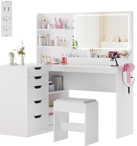 Airfish Schminktisch mit LED-Licht Spiegel & Steckdose, 5 Schubladen, 3 Farben mit Einstellbarer Helligkeit Kosmetiktisch, Eckschminktisch, Föhnständer, 120x65x136cm, Weiß