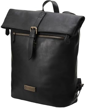 DRAKENSBERG läder roll-top ryggsäck Paula för kvinnor, liten, kurir- och cykelryggsäck med laptopfack, upp till 16 l, svart, Mittelgroße