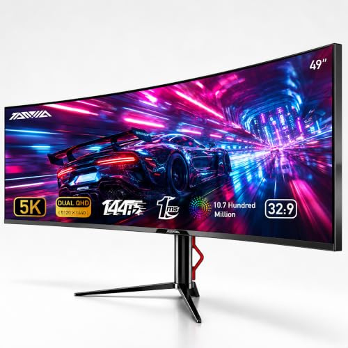 TANXJIA 49 Inch Curved Gaming Monitor with Speakers Built In, 5K(5120×1440) DUAL QHD PC Monitors, 1.07B Colors Ultrawide Computer Screen, 144Hz, 1Ms, FlickerFree, Tilt/Height Adjustable, USB/HDMI Port