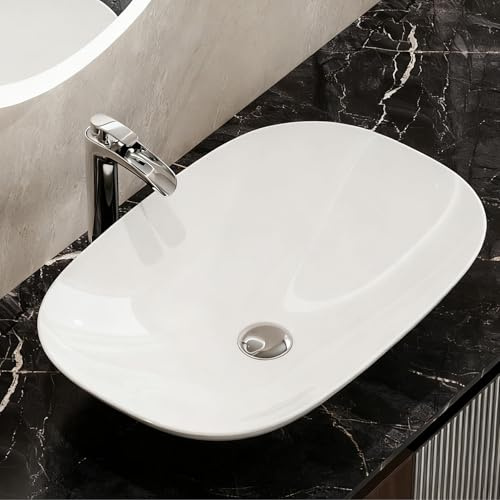 HOROW 60D×40W×16H Oval White Ceramic Countertop Vessel Sink Bathroom Basin, 5mm Slim Edge & Nano-Sealed Washing Bowl, Ideal for Modern Bathroom