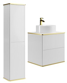 Vente-unique - Meuble de Salle de Bain Suspendu strié avec Vasque à Poser Ronde et Colonne - Blanc - 60 cm - KELIZA