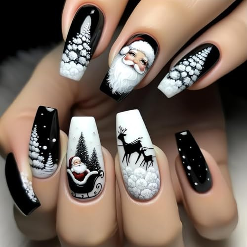 Weihnachten Press on Nails, 24 PCS Weihnachts Nägel Set, Weihnachtsnägel Zum Aufkleben, mit Nagelkleber, Weihnachts Kunstnägel, Weihnachten Fake Nails für Frauen Nail Art DIY (D)