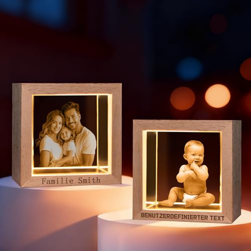 Personalisierte 3D-Kristallkugel mit Bild & Gravur, Individueller Kristall-Fotorahmen mit Holzständer als Geschenk für Familie, Haustiere, Paare, Weihnachten und Jahrestag (Quadratisch)