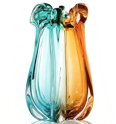 Handgefertigte Kunstglasvase für Dekorationen, schwere, große Blumenvase mit breiter Öffnung, Art-Déco-Vase im Murano-Stil in Türkis und Bernstein, modernes Boho-Wohnaccessoire (25cm)