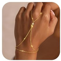 OuryTech Armband Dam Guld, Armband Guld och Smycken, 14K Förgyllt Handkedjearmband med Fingerring, Delikat Trend Guldsmycken för Damer