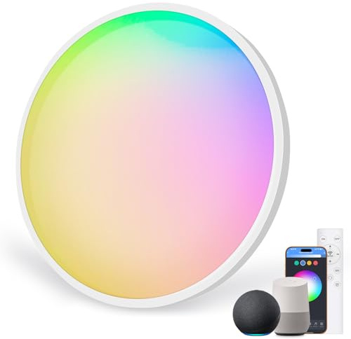 Oraymin LED Deckenlampe Alexa Kompatibel, 24W Smart Deckenleuchte mit Fernbedienung, IP54 schlafzimmerlampe mit 16 Millionen DIY Farben, Dimmbar LED Lampe für Wohnzimmer Jugendzimmer, Ø30cm