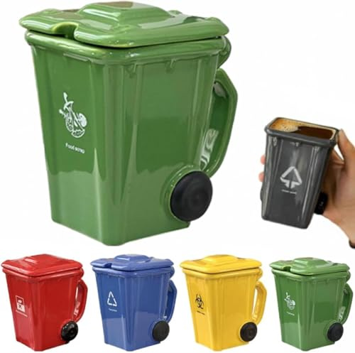 Wheelie Bin-Themed Funny Mugs, 400mL Trash Can Shaped Ceramic Coffee Cup with Complimentary Spoon, 5 Colors, Design-Led Personalised Mug - Novelty Gifts for Home & Office (Green)