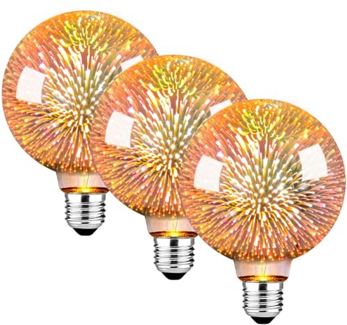 DUTSUGUAR Edison Vintage Glühbirne E27, E27 LED Vintage Glühbirne mit 3D-Feuerwerk-Effekt G80 3W Retro Birne Glasgehäuse Dekorativ für Wohnzimmer,Café & Bar-3 Stück