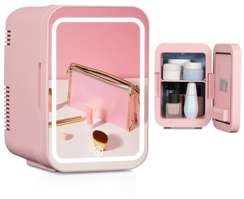 YU YUSING Mini Frigo Cosmétique de Chambre 4L avec Miroir LED, 6 Canettes | Petit Réfrigérateur Portable, Luminosité Réglable, Frigo à Masque et Maquillage, Silencieux, Voiture/Dortoir/Camping, Rose