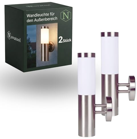 Novatool 2x Wandleuchte Aussen Edelstahl IP44 I E27 Sockel I 7,8x14,5x36 cm I Außenlampe Balkon Außenleuchte Außenbeleuchtung Haus Wandleuchte Aussenbeleuchtung Gartenleuchte Wand Outside lights