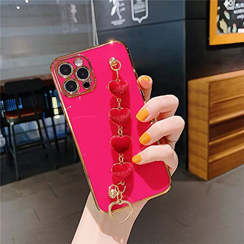 Custodia per telefono con bracciale a forma di cuore con placcatura di lusso per iPhone 14 13 11 Pro Max XR XS 7 8 Plus 12 Cover in silicone con catena da polso mini colore, rosa, per iPhone 14 Pro