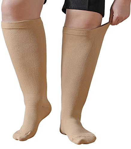 PUTUO Calcetines de Compresión Talla Grande: Medias de Compresion para Hombre y Mujer para Correr Viajar Vuelo Ciclismo Embarazo Deporte 1 par Beige 3XL