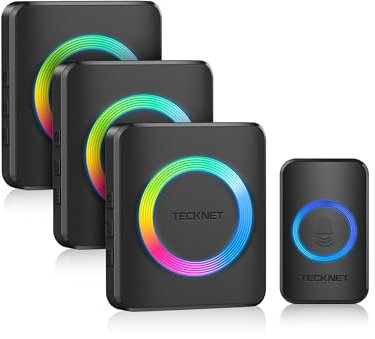 TECKNET Wireless Doorbell 3 Receivers, Door Chime Kit with RGB Light, 400 M/1300 ft Wireless Range, IP65 Waterproof Door bell, 60 Chimes & 5 Level Volume Plug in Receiver for Home, School,Office,Black